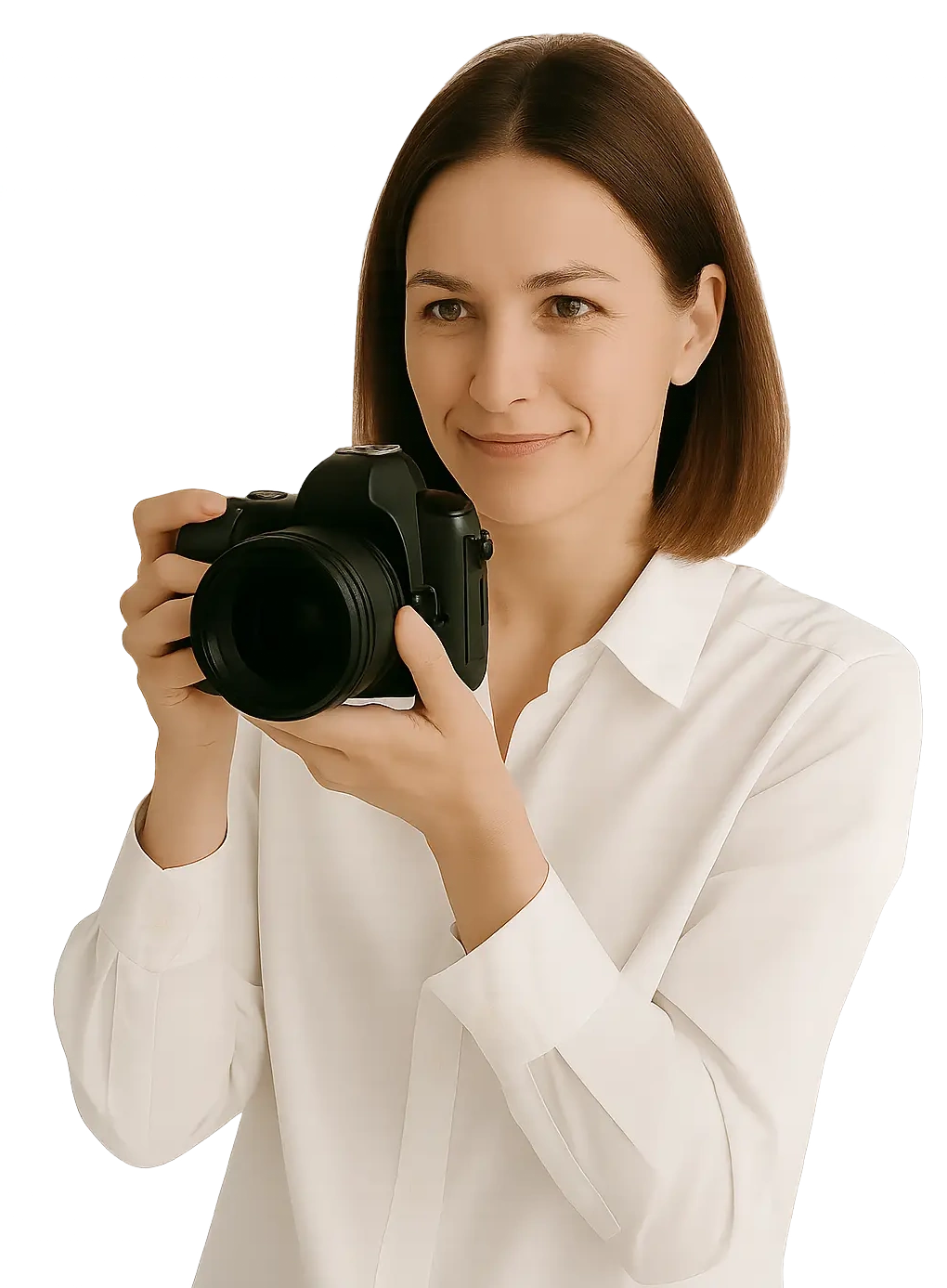 Fotografka w jasnym studio wykonująca zdjęcia – Fotografia Olivia Katowice